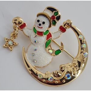 Snowman on a Moon Christmas Brooch Enamel and Rhinestone Hanging a Star